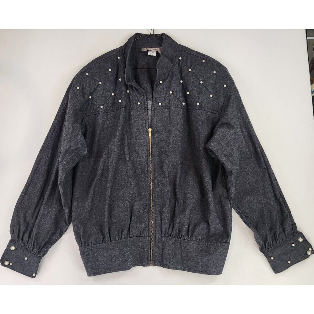 Starfire Jacket Womens 12 Gray Denim Quilted Pearl Accent Retro Vintage USA